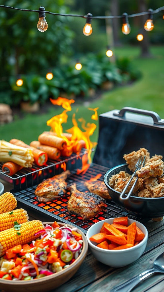 Grilled barbecue chicken with corn on the cob and coleslaw on a rustic outdoor table.